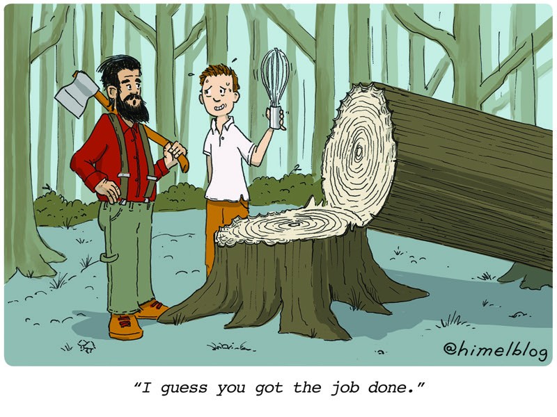 Caption: A lumberjack talks to a person holding a whisk, next to a badly chopped tree. Caption: 