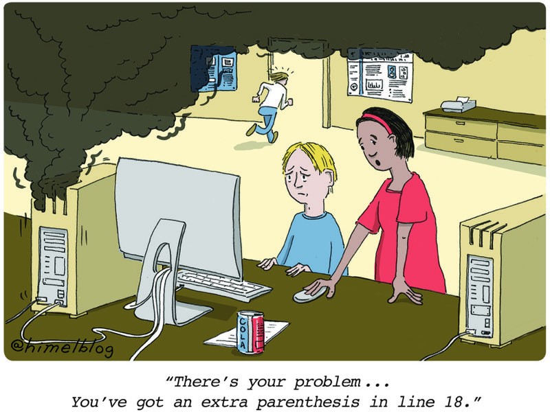 Cartoon: Computer emitting black smoke. Caption: 
