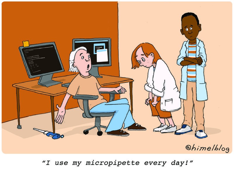 Cartoon: A person shows their desk propped up on a micropipette. Caption: 