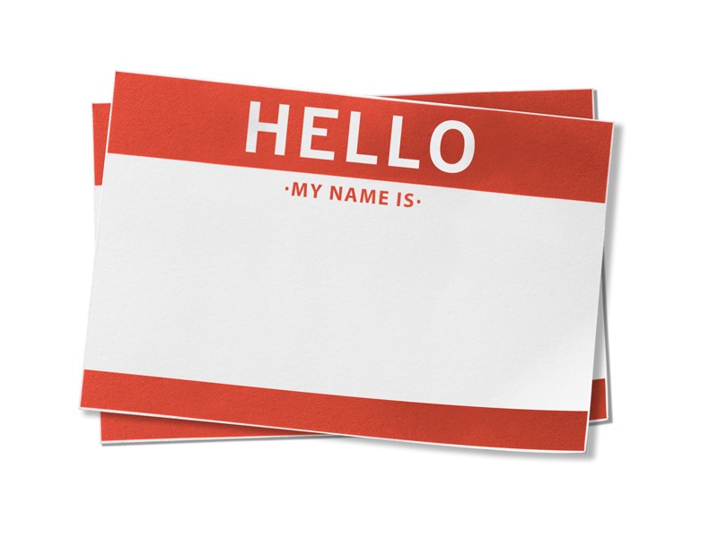 Stack of two red name badges with the words, "HELLO, my name is" printed in big letters.