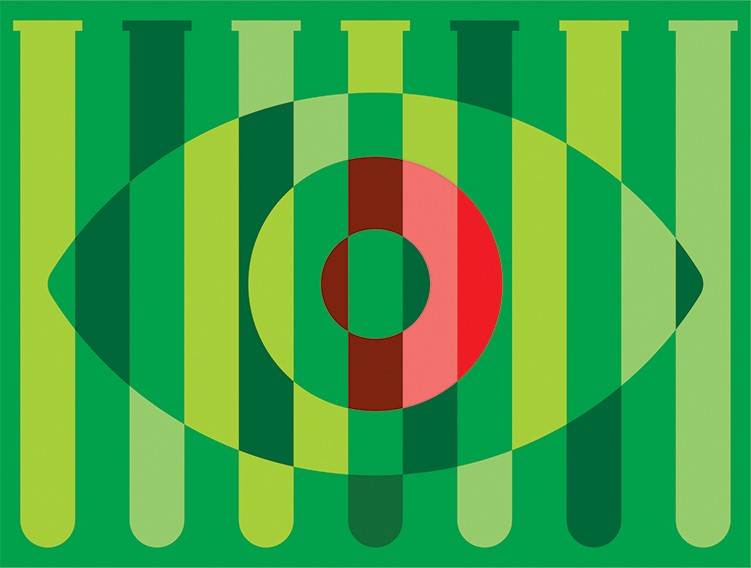 Cartoon of a human eye verlaid with test tuibes all coloured green - but with part of the eye's iris in red