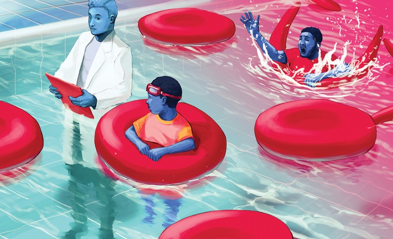 A child in a swimming pool is buoyed by a round red-cell-shaped float, while an adult struggles with a sickle-cell-shaped float
