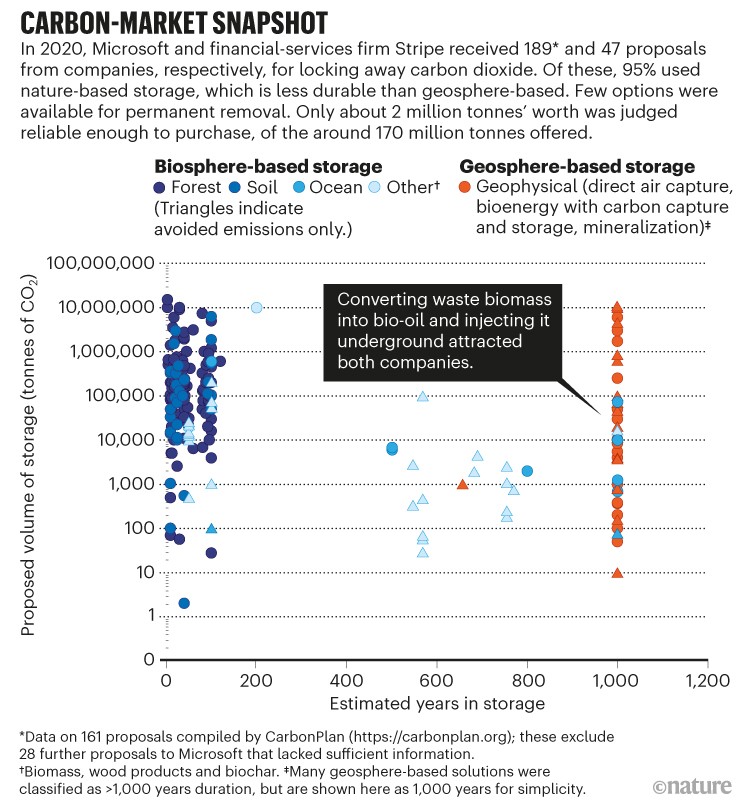 Carbon-market storage. Scatter plot showing biosphere and geosphere-based storage company proposals for locking away CO2.