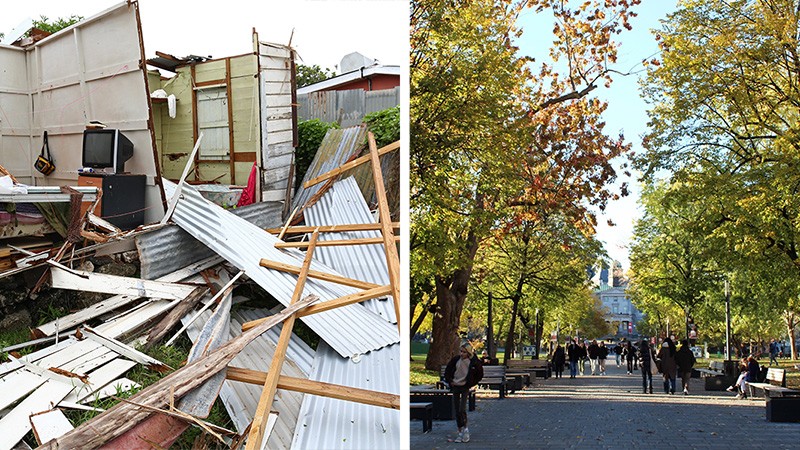 Left: Debris from a house flattened by Hurricane Elsa in Barbados; right: The McGill University campus.