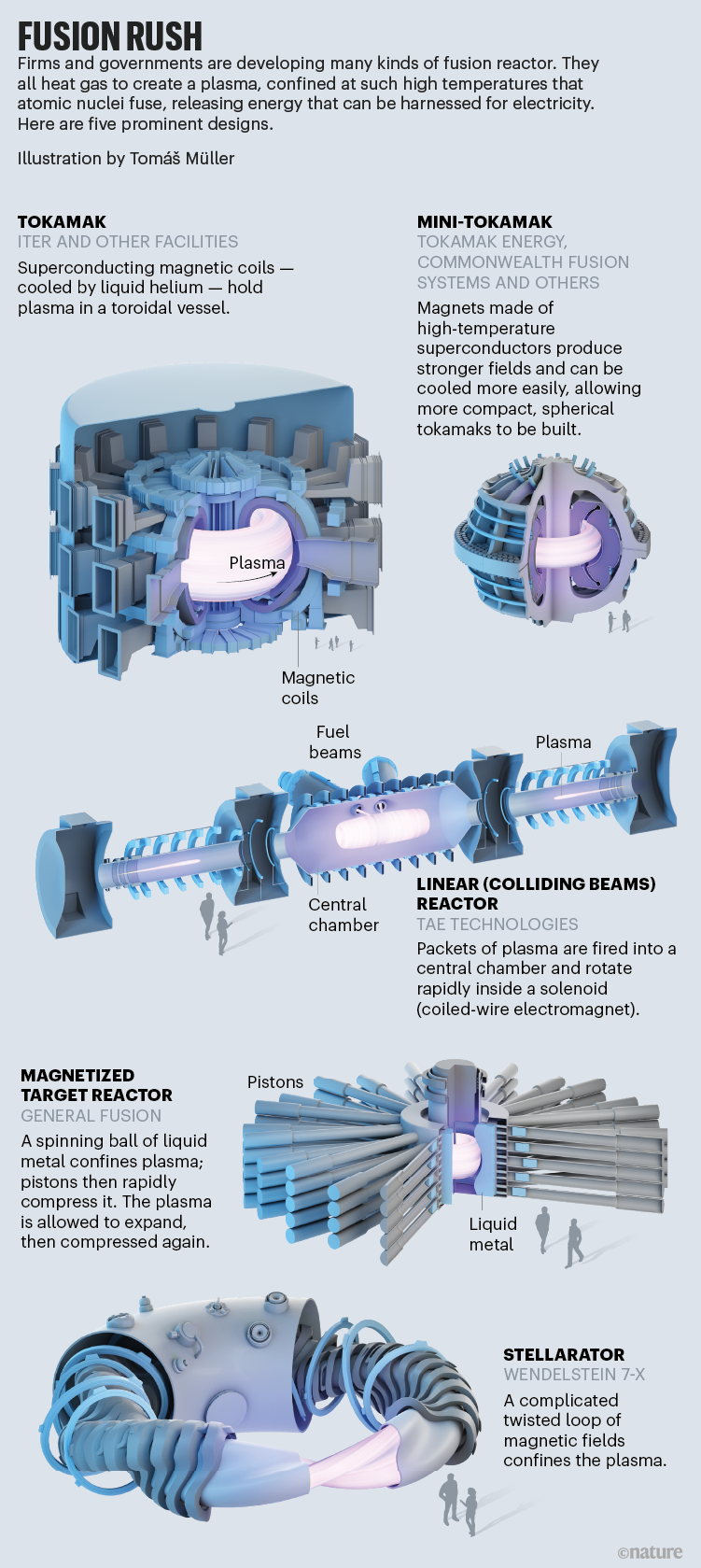 Fusion rush. Infographic showing five reactor designs.