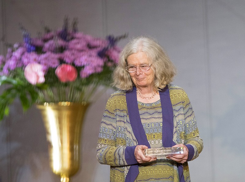 The Abel Prize is presented onstage to Karen Uhlenbeck from the University of Texas, Austin in 2019.