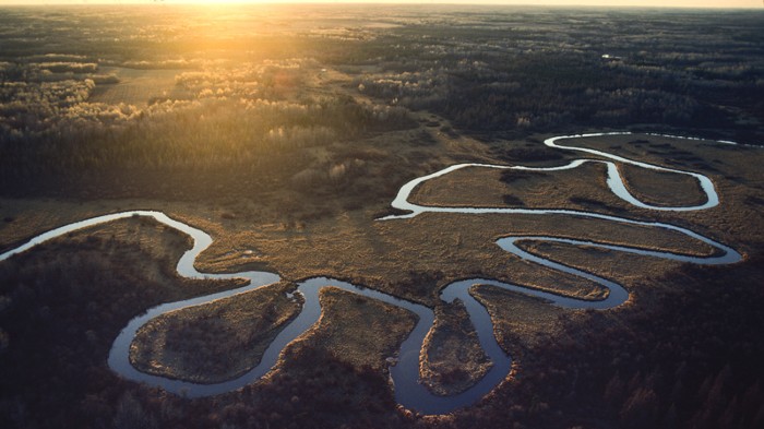 The Mississippi River winding through marshlands in Minnesota