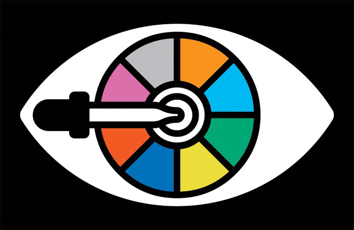 Cartoon of an eye with the iris segmented into colours from an accessible colour palette and a pipette pointing to the pupil