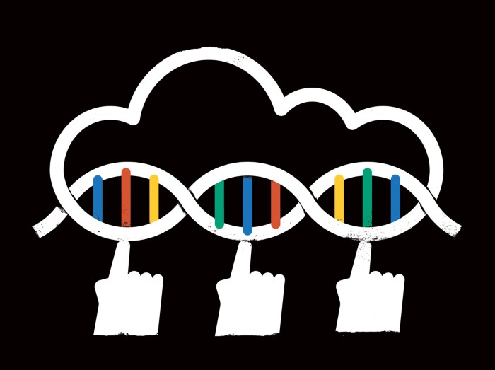 Conceptual illustration showing three hands pointing at a cloud that is made out of DNA.