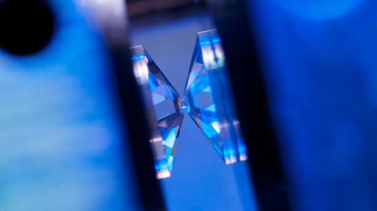 Diamond tips apply pressure to a superalloy