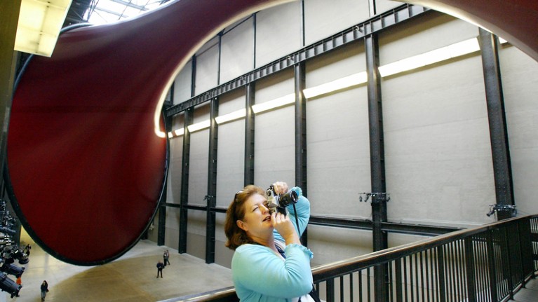 A woman photographs a large PVC sculpture