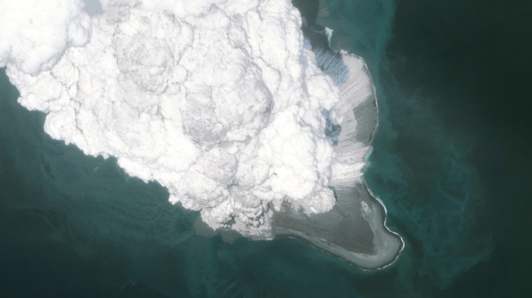 Aerial view of the Bogoslaf volcano erupting
