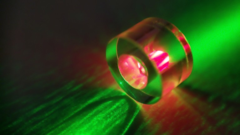 A diamond is illuminated with a green laser
