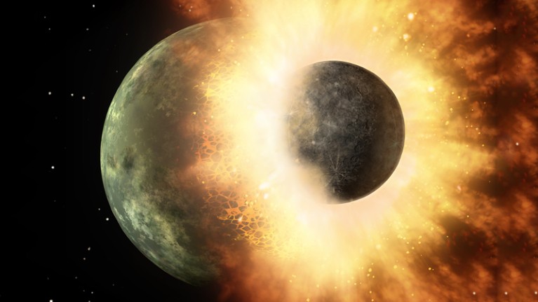 Artists impression of planetary impact of two celestial bodies