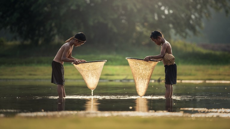 Two boys fishing with nets