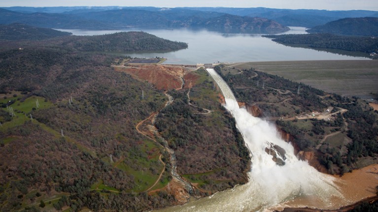 Water cascading down a spillway from Oroville Lake