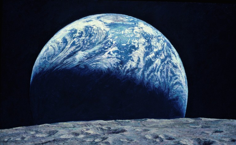 Kissing the Earth - Alan Bean painting of the Earth rising above the lunar surface.