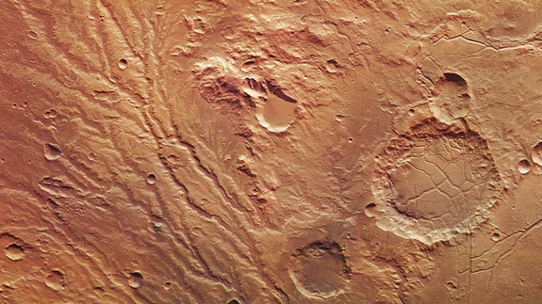 Network of drainage valleys in the Arda Valles region of Mars