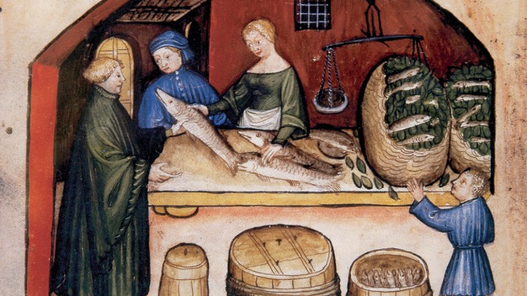 Illustration of fishmonger from medieval book