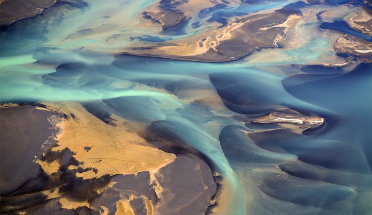 Aerial view of a river delta in Iceland