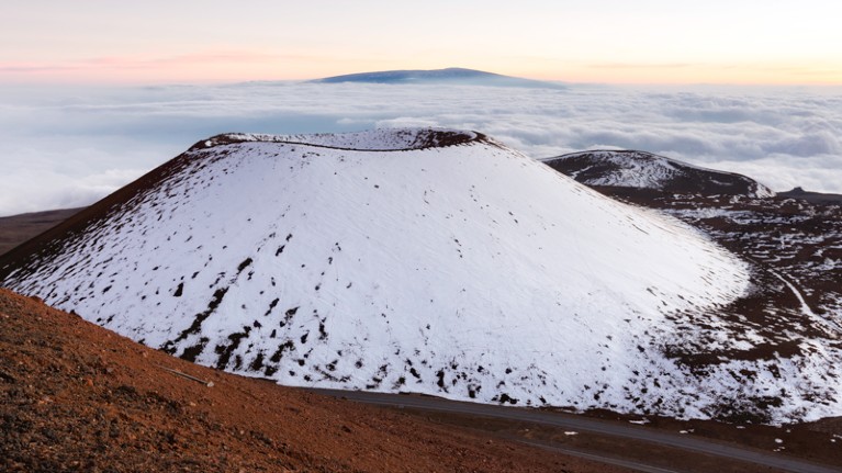 A snow covered crater on Mauna Kea, Hawaii
