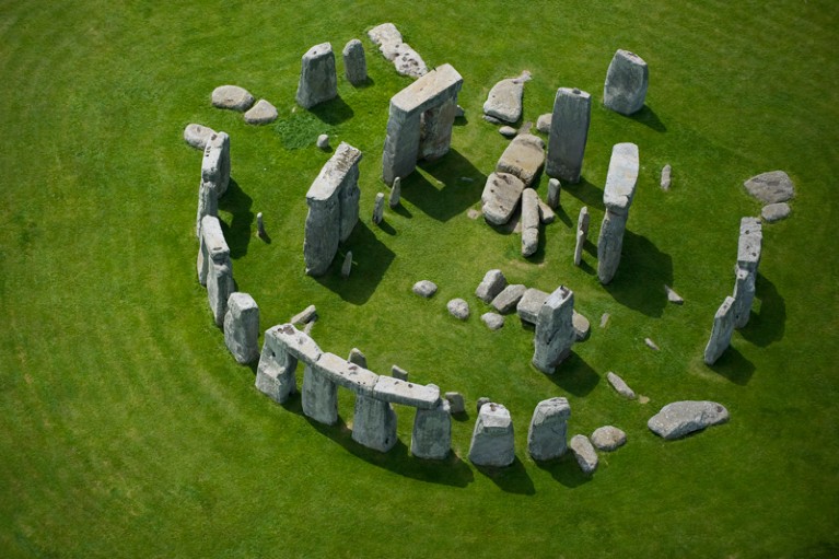 An aerial view of Stonehenge, a prehistoric monument of large stones arranged in a ring