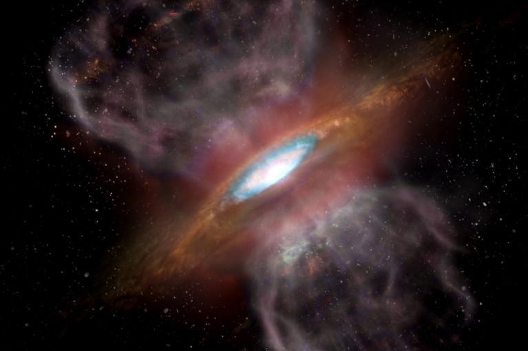 Artist impression of a young star, Orion Source I, with a ring of salt shown in blue