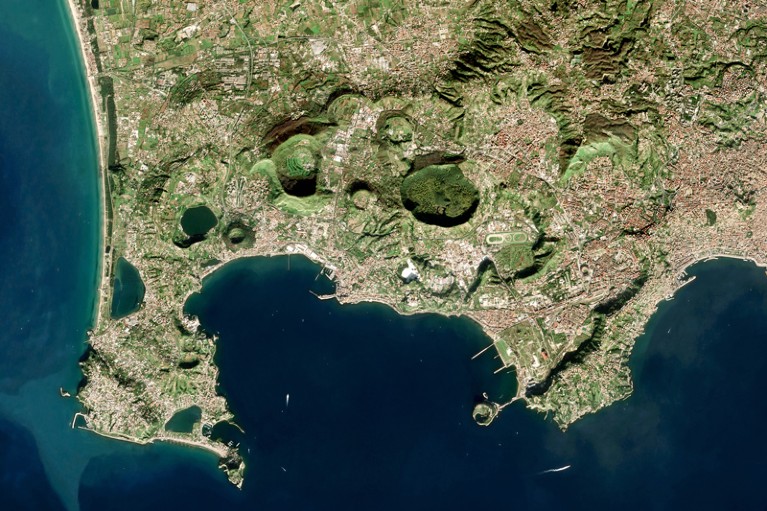 Satellite view of Campi Flegrei, a supervolcano located mostly under the Gulf of Pozzuoli west of Naples, Italy