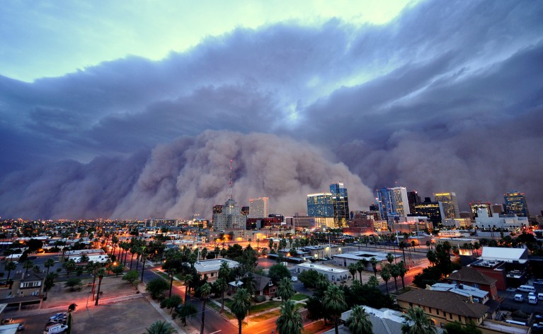 A wall of dust approaches downtown Phoenix