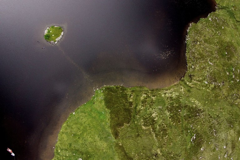 Aerial view of the Neolithic crannog at Loch Bhorgastail, Isle of Lewis, Outer Hebrides.