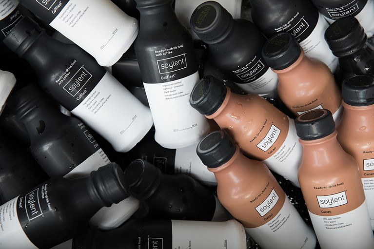 Bottles of Soylent meal replacement products