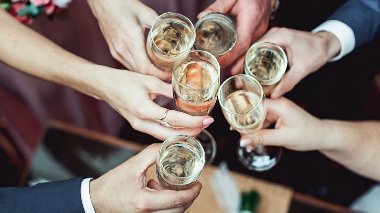 People hold in hands glasses with white wine and champagne above table.