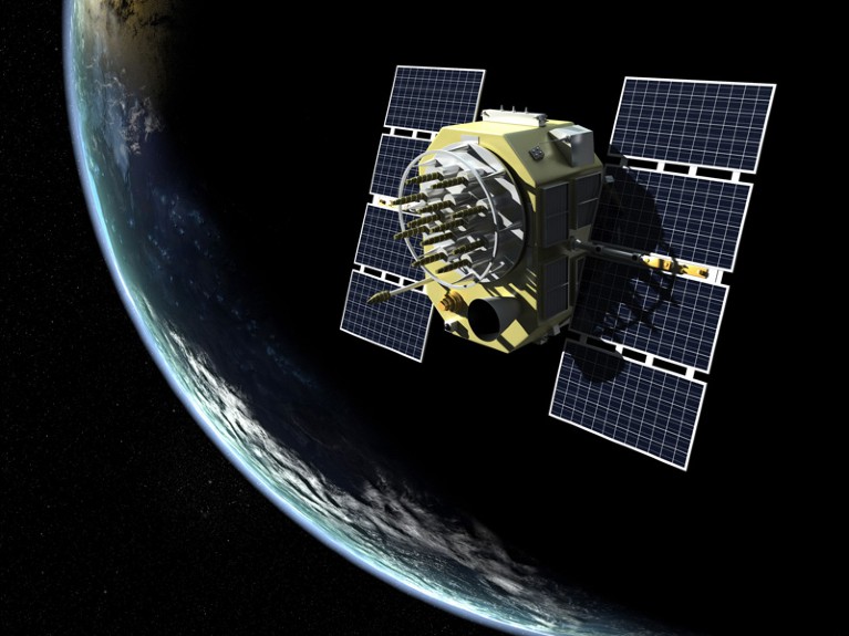 3D rendering of GPS satellite in orbit around Earth.