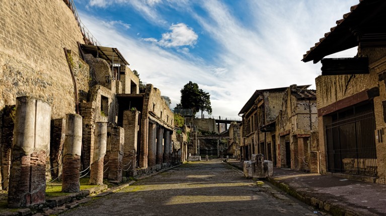 Partially excavated and restored ancient ruins of Herculaneum, Ercolano, Italy.