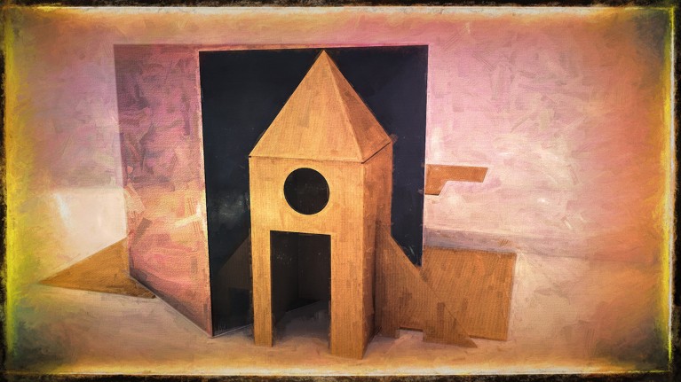 Painting of a cardboard tower that resembles a rocket