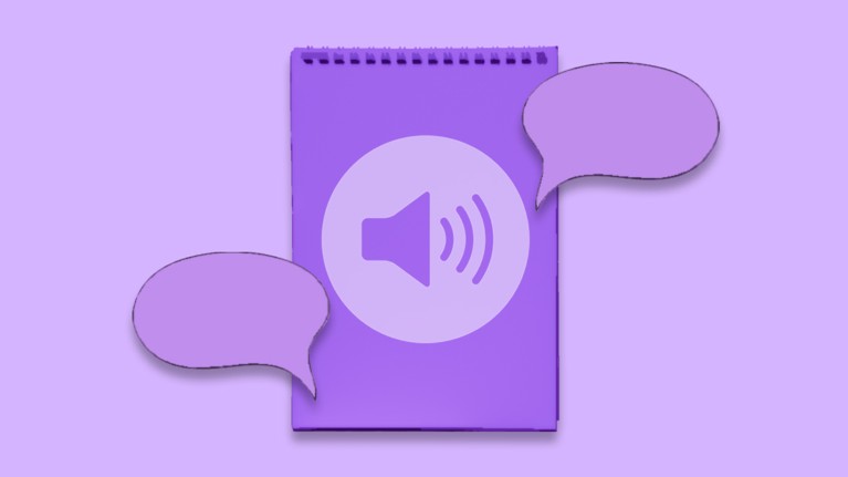 Purple notepad with speech bubbles on a lilac background