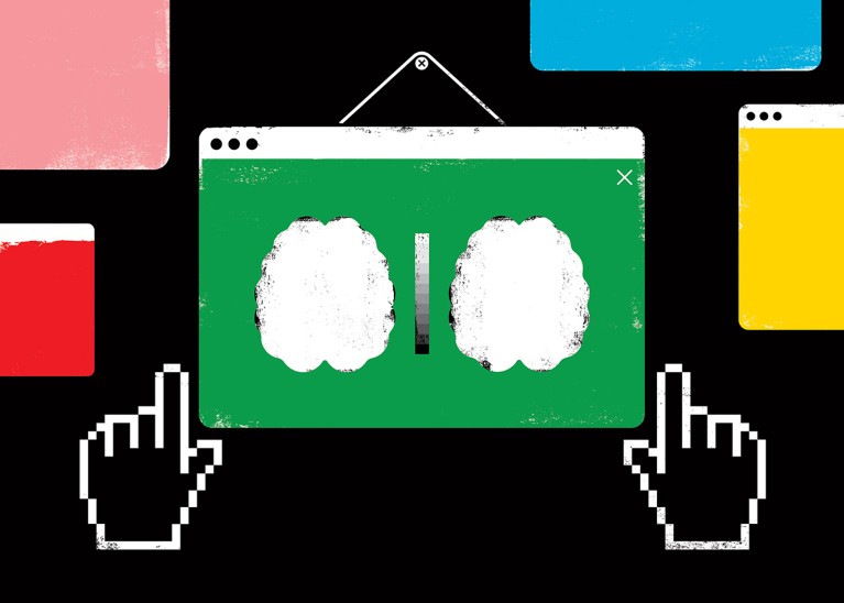 Cartoon of two computer pointer hands straightening a picture of a browser window showing a brain scan hanging on the wall.