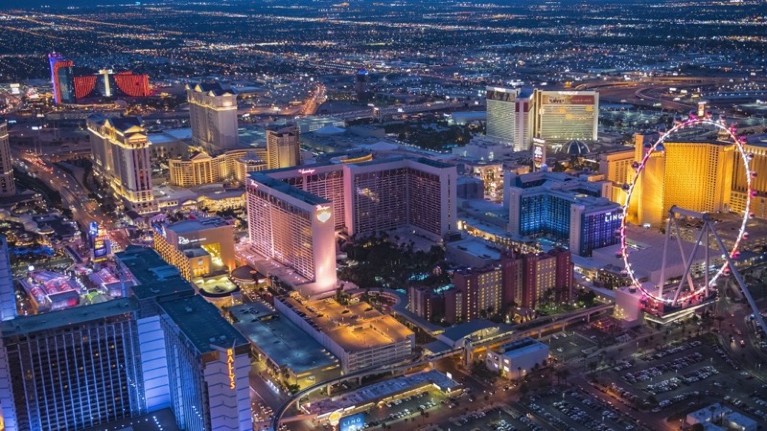 Aerial view of illuminated cityscape, Las Vegas, Nevada, United States.