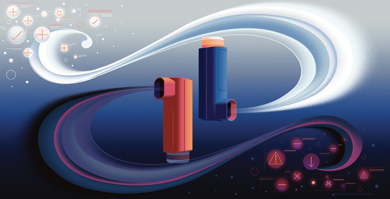 Two inhalers hover in the centre, releasing clouds of swirling medication that contain ticks, crosses, and plus and minus signs