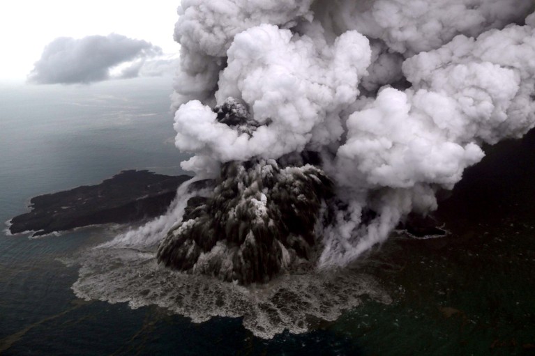 An aerial view of Anak Krakatau volcano during an eruption at Sunda strait in South Lampung, Indonesia