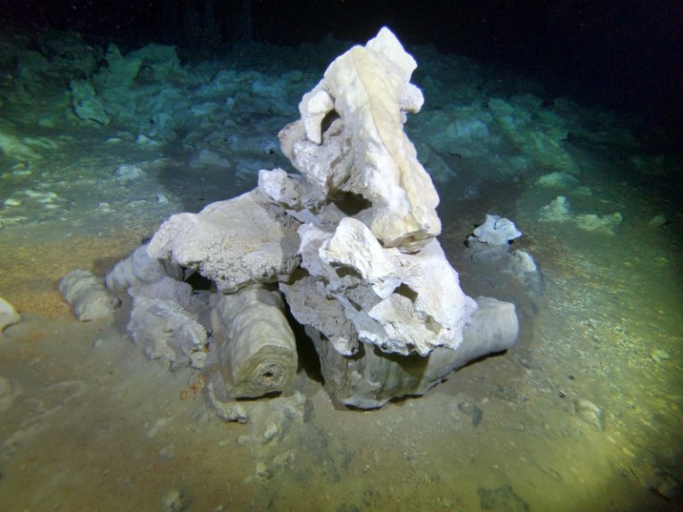 A landmark of piled stone and broken speleothems left 10,000-12,000 years ago left underwater in Yucatan.