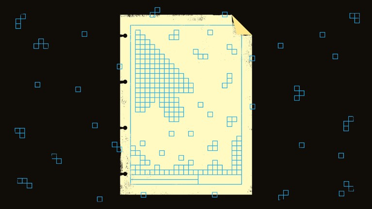 A cartoon of a gridded notebook page being scanned with the grid becoming digital pixels and forming a computer arrow