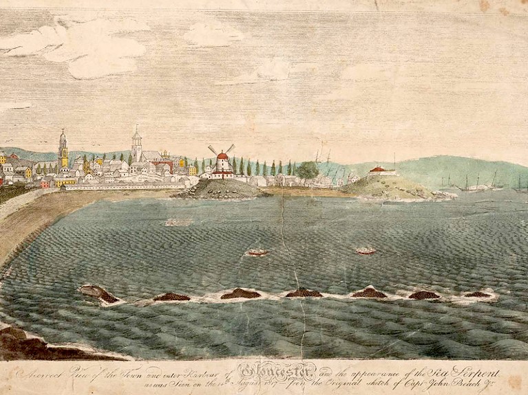 Painted panorama of Gloucester harbor and the sea serpent by John Ritto Penniman, from a drawing made by Captain John Beach.
