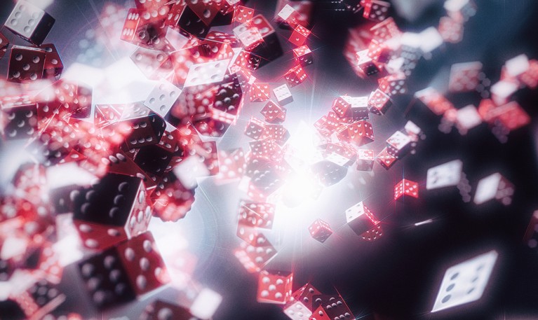 A large number of red dice spiral through space towards a white light