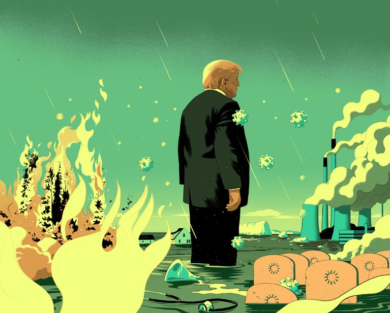 Cartoon of President Trump standing in the sea surrounded by viruses, burning trees, tombstones, broken beakers and pollution.