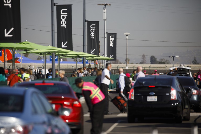 Ride share service vehicles at the pickup area at Los Angeles International Airport