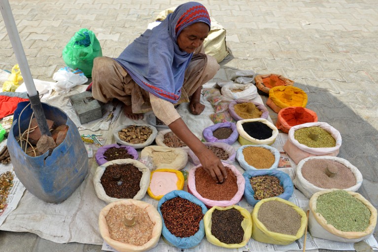 A woman displays bags of spices on a tarpaulin on the ground.