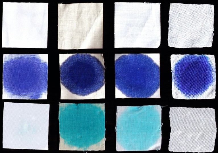 Photographs of woven fabric samples stained by a commercial food colourant and subsequently rinsed under running cold tap water