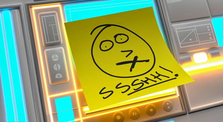 A Post-It note with a cartoon face with an X for a mouth and the word Ssshh is stuck on a spaceship control panel