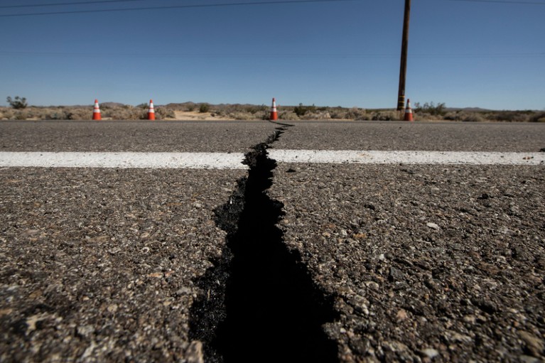 A crack in the road after an earthquake, Southern California
